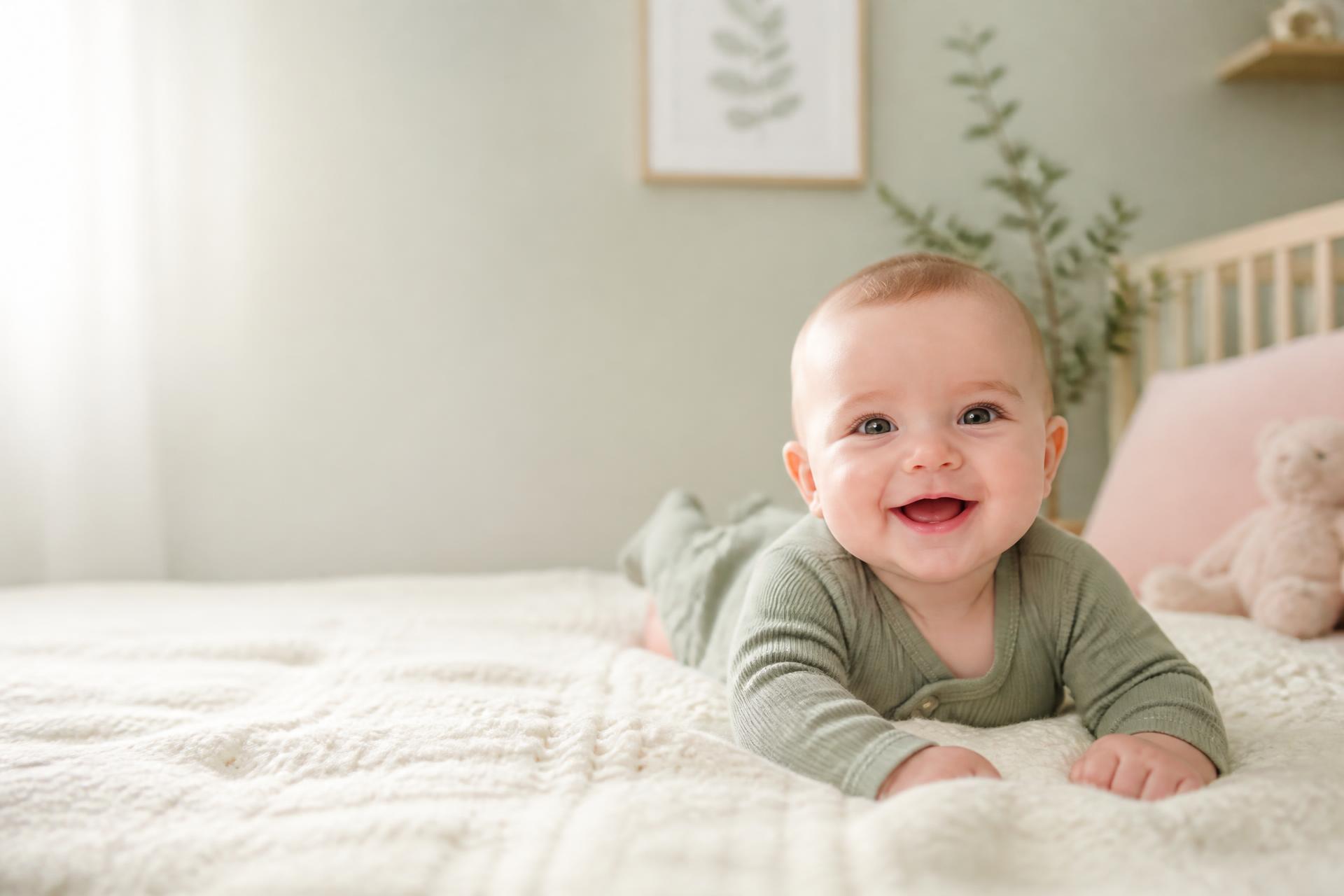Smiling baby resting on a soft cream blanket in a bright sage-toned nursery